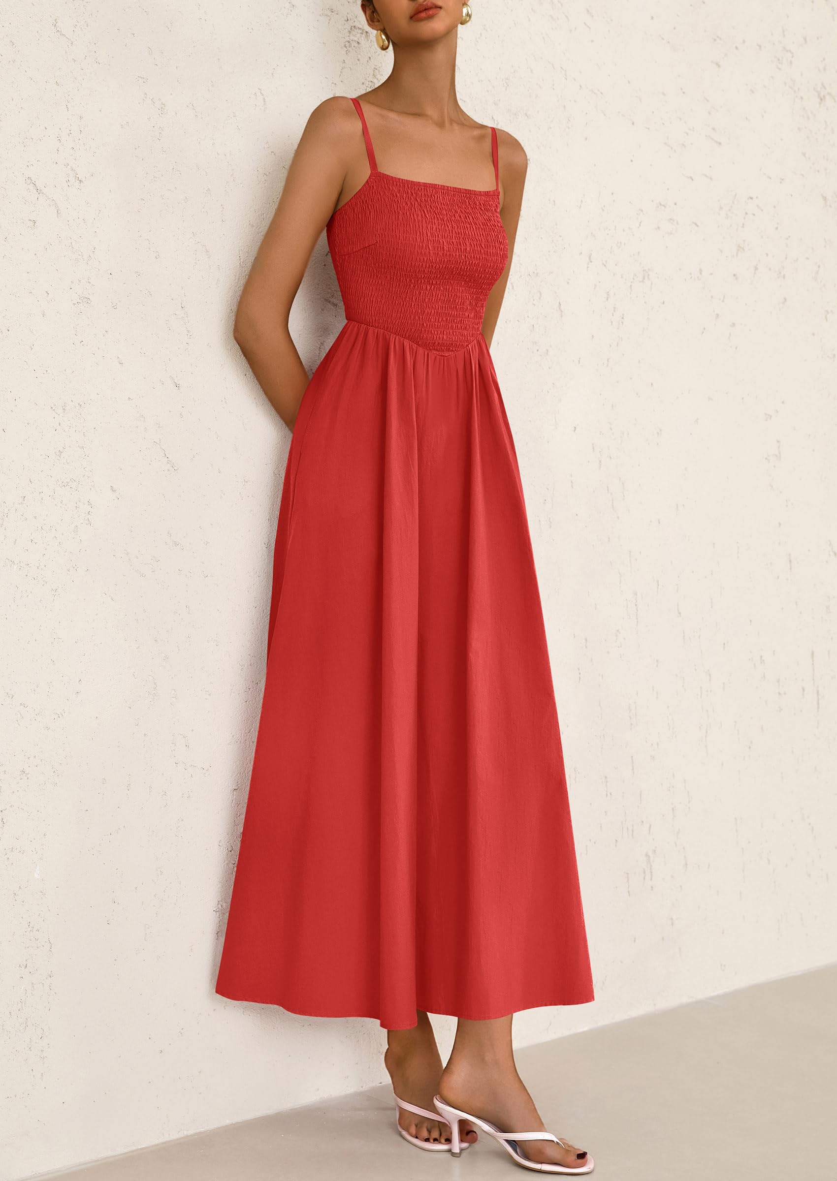 PRETTYGARDEN Women's Smocked Maxi Dresses Beach Sundress Casual Spaghetti Strap Swing A Line Long Flowy Dress