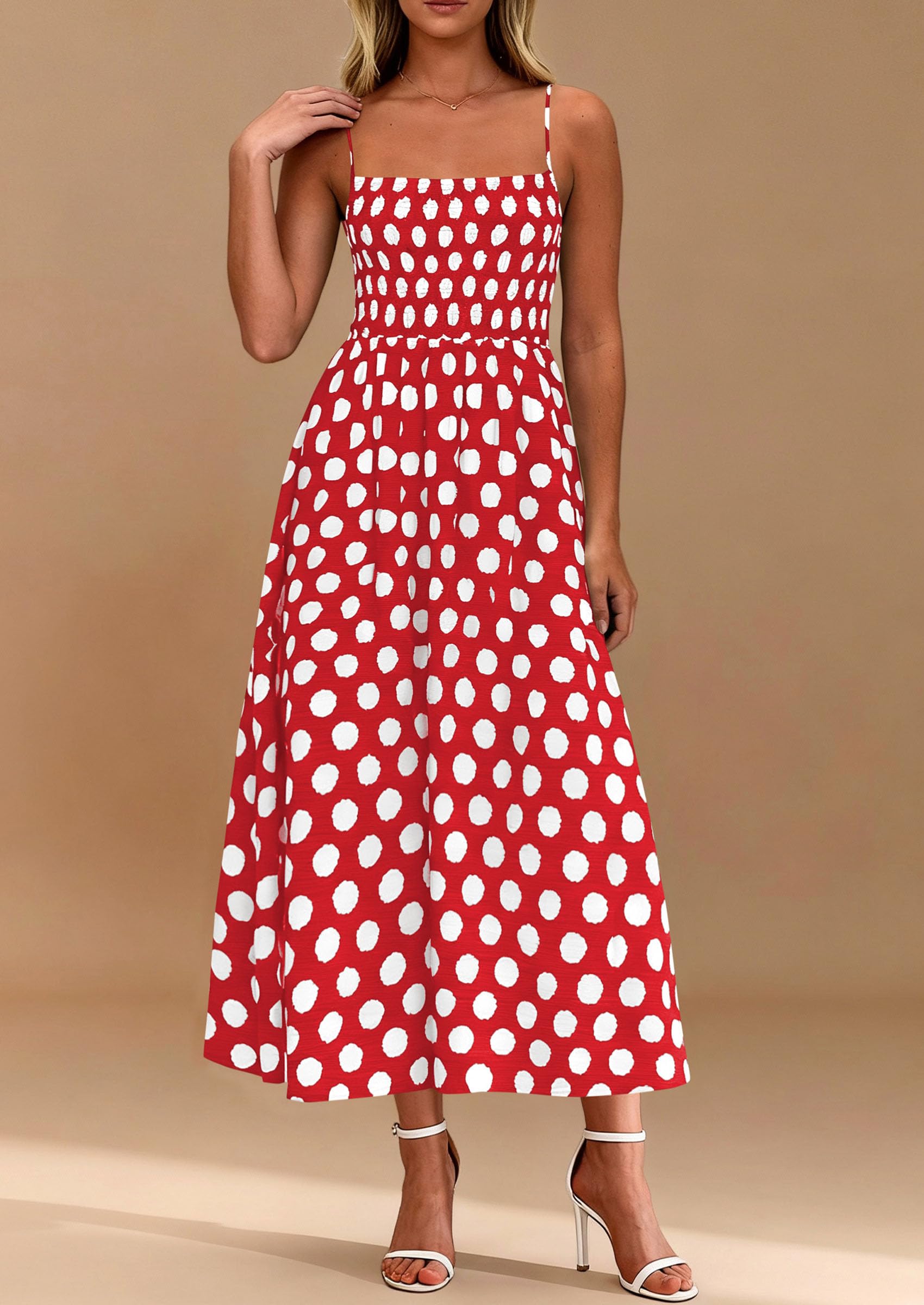 PRETTYGARDEN Womens Summer Dresses Spring Sleeveless Spaghetti Straps Casual Midi Dress Polka Dot Smocked Beach Sundress PRETTYGARDEN