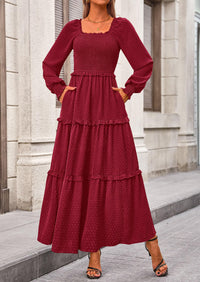 PRETTYGARDEN Women Fall Long Sleeve Smocked Maxi Dress Casual Square Neck Swiss Dot Tiered Ruffle Flowy Spring Pocket Dresses