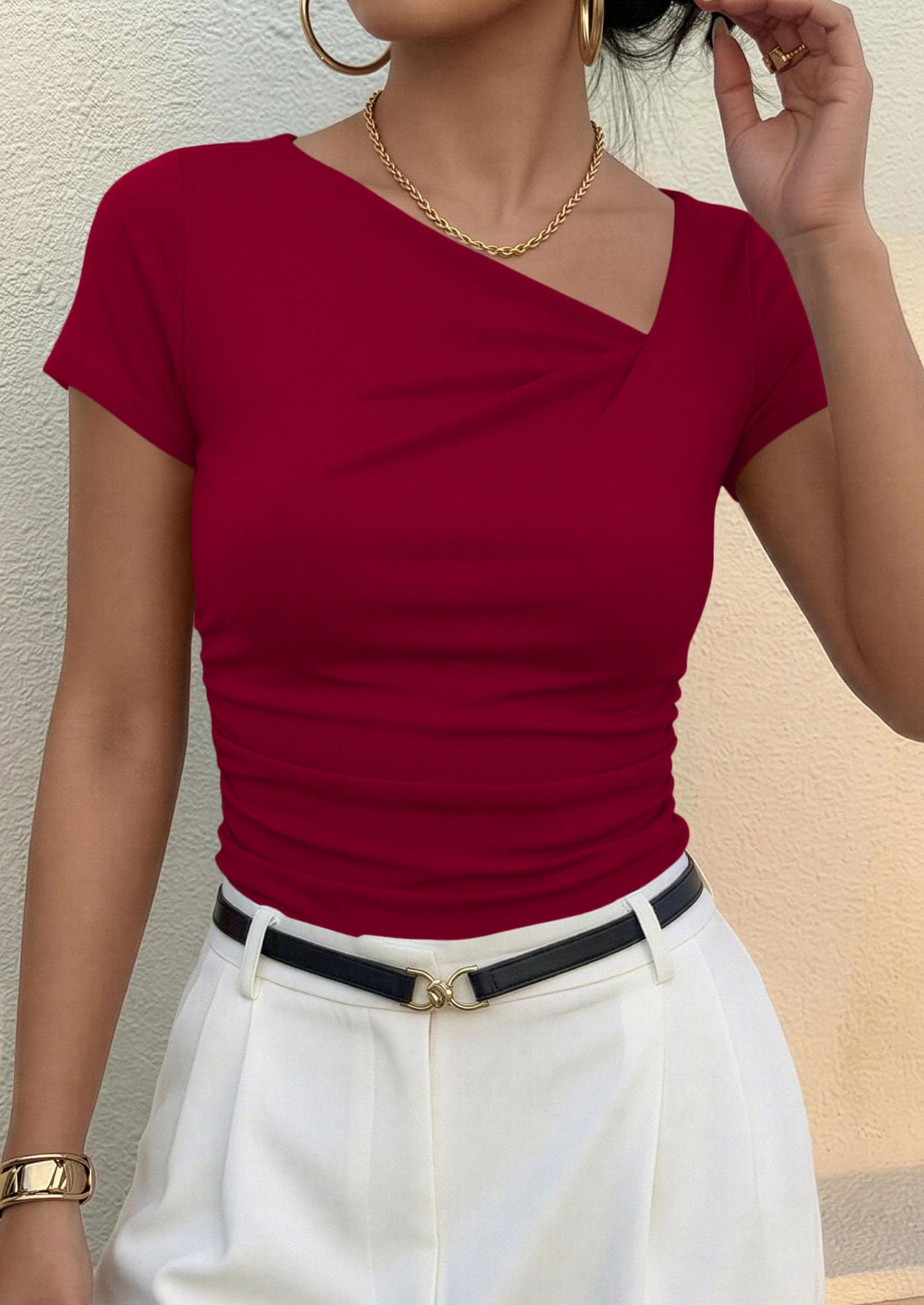 PRETTYGARDEN Women's Summer Asymmetrical Y2K Tops Trendy Ribbed Short Sleeve Fitted Tee Shirts Spring Fashion Clothing PRETTYGARDEN