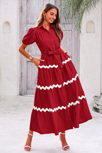 Summer Maxi Button Down Puff Short Sleeve Ruffle Long Flowy Shirt Dresses With Belt