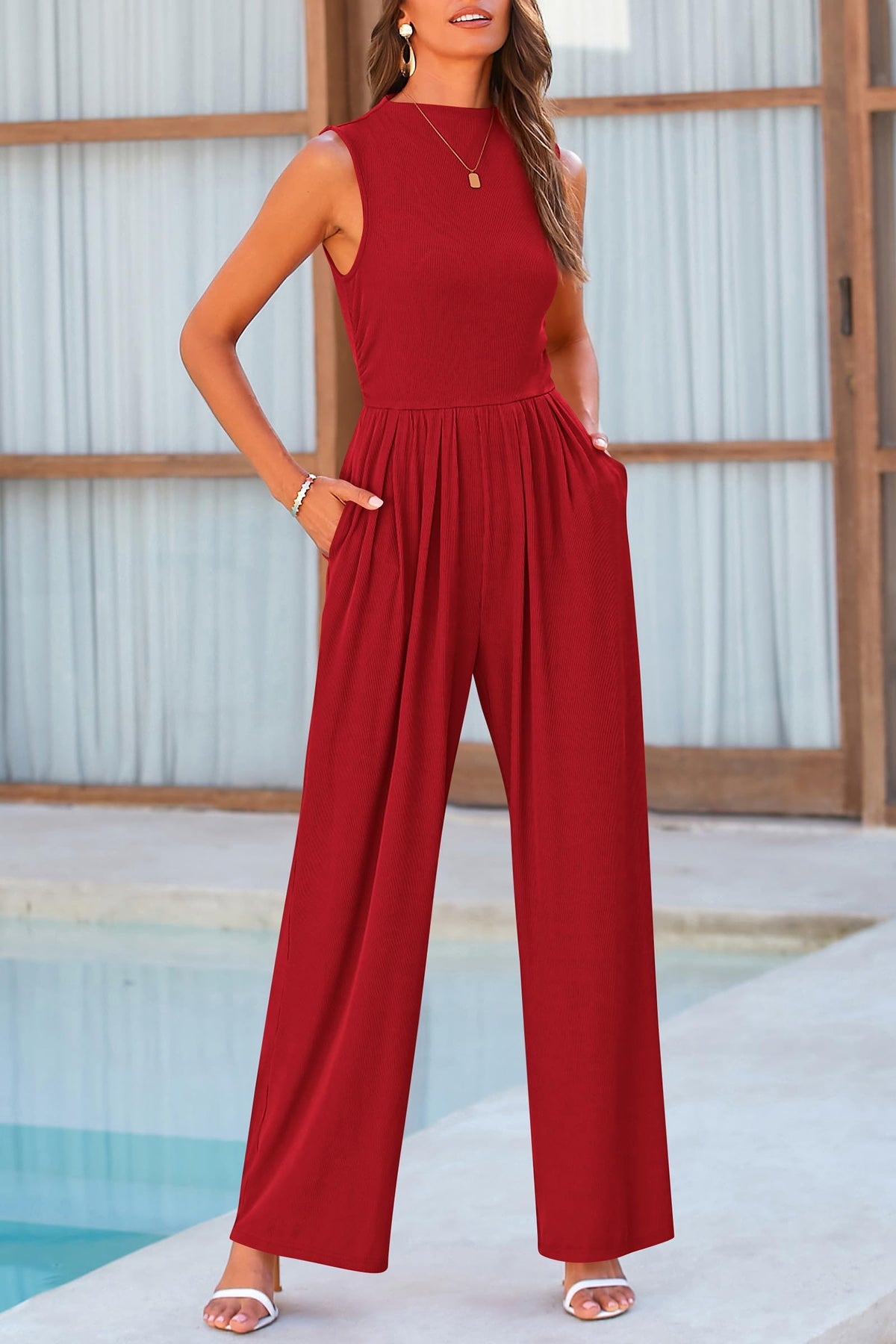 Sleeveless Mock Neck Wide Leg Jumpsuits With Pockets