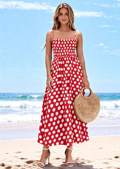 PRETTYGARDEN Womens Summer Dresses Spring Sleeveless Spaghetti Straps Casual Midi Dress Polka Dot Smocked Beach Sundress PRETTYGARDEN