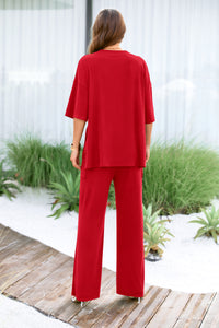 Short Sleeve Pullover Tops And Wide Leg Pants Two Piece Sets