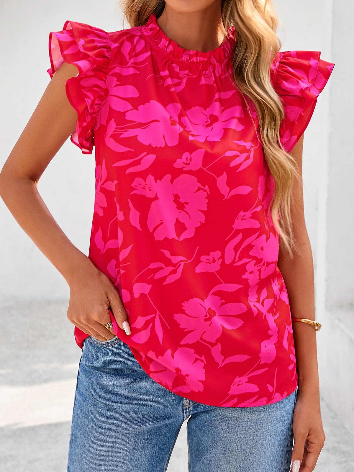 PRETTYGARDEN Women's Ruffle Short Sleeve Summer Tops Trendy Floral Trim Neck Casual Dressy Chiffon Boho Blouses Shirts PRETTYGARDEN