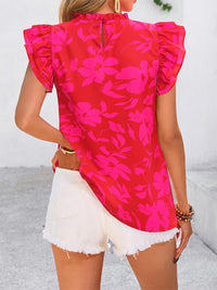 PRETTYGARDEN Women's Ruffle Short Sleeve Summer Tops Trendy Floral Trim Neck Casual Dressy Chiffon Boho Blouses Shirts PRETTYGARDEN