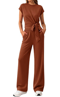 PRETTYGARDEN 2 Piece Matching Lounge Sets For Women Summer Short Sleeve Tie Front Crop Tops Casual Wide Leg Pants Tracksuit PRETTYGARDEN