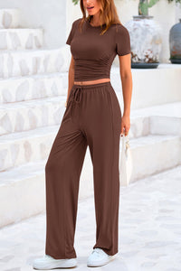 2 Piece Tracksuit Lounge Sets Short Sleeve Crop Tops High Waisted Wide Leg Pants