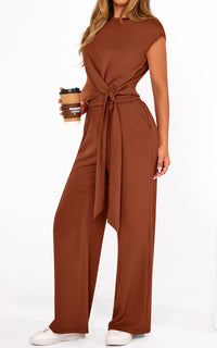 PRETTYGARDEN 2 Piece Matching Lounge Sets For Women Summer Short Sleeve Tie Front Crop Tops Casual Wide Leg Pants Tracksuit PRETTYGARDEN