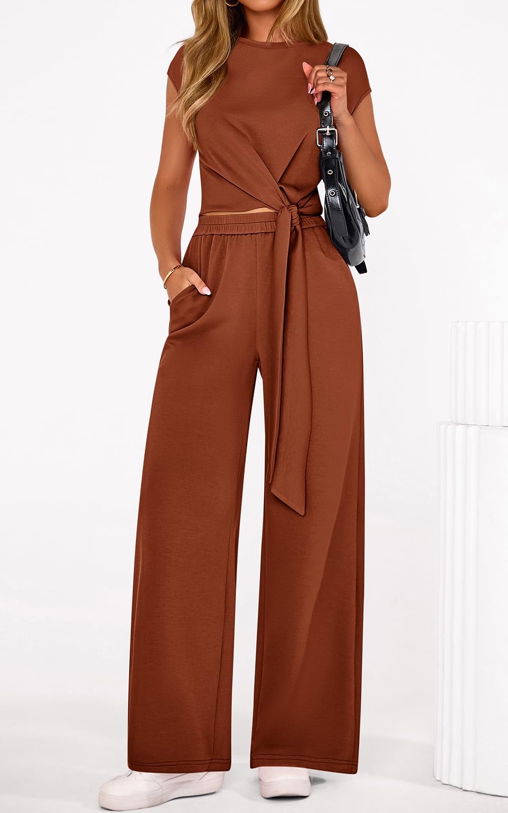 PRETTYGARDEN 2 Piece Matching Lounge Sets For Women Summer Short Sleeve Tie Front Crop Tops Casual Wide Leg Pants Tracksuit PRETTYGARDEN