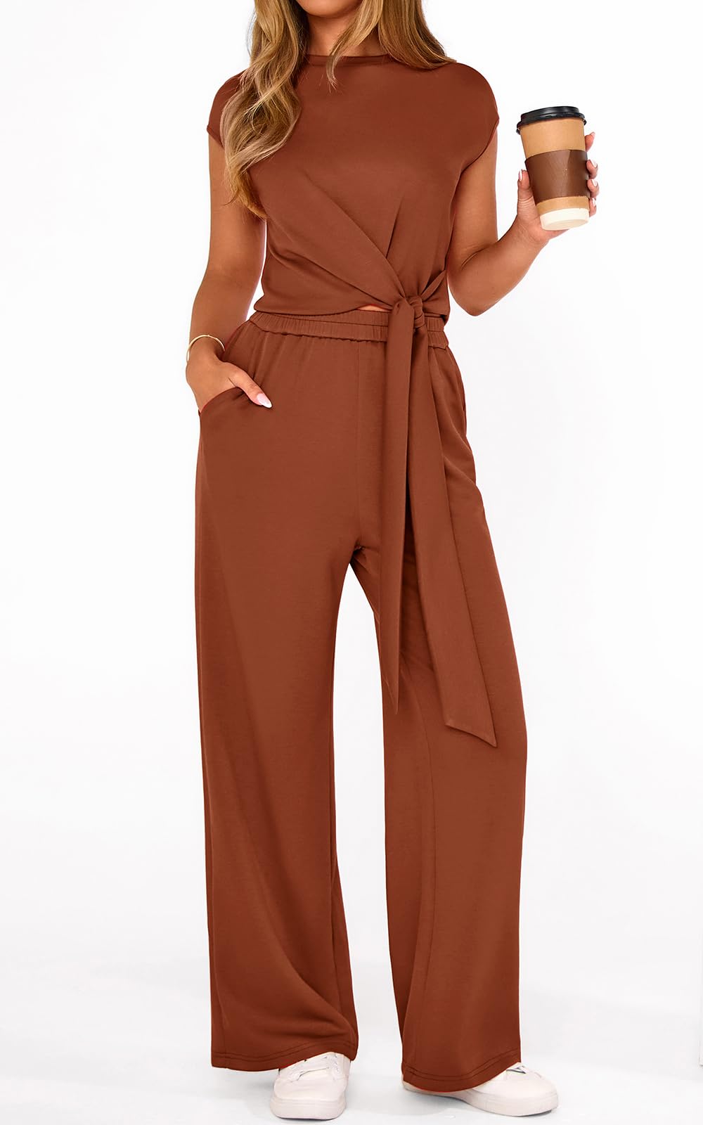 PRETTYGARDEN 2 Piece Matching Lounge Sets For Women Summer Short Sleeve Tie Front Crop Tops Casual Wide Leg Pants Tracksuit PRETTYGARDEN