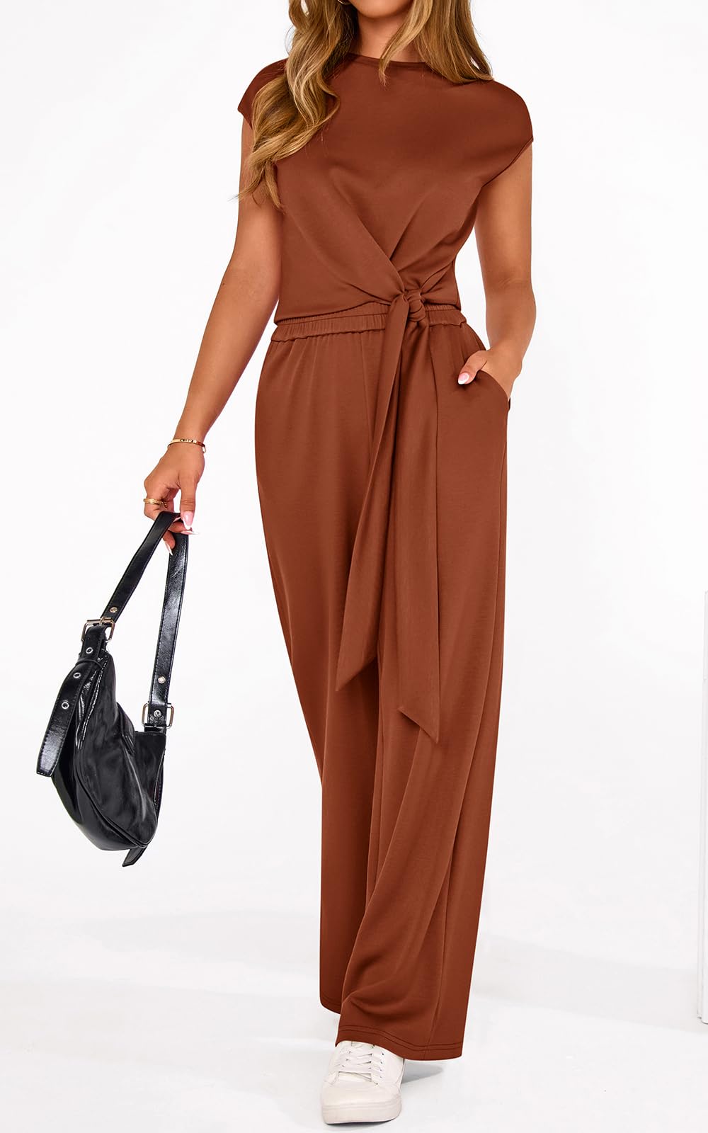 PRETTYGARDEN 2 Piece Matching Lounge Sets For Women Summer Short Sleeve Tie Front Crop Tops Casual Wide Leg Pants Tracksuit PRETTYGARDEN