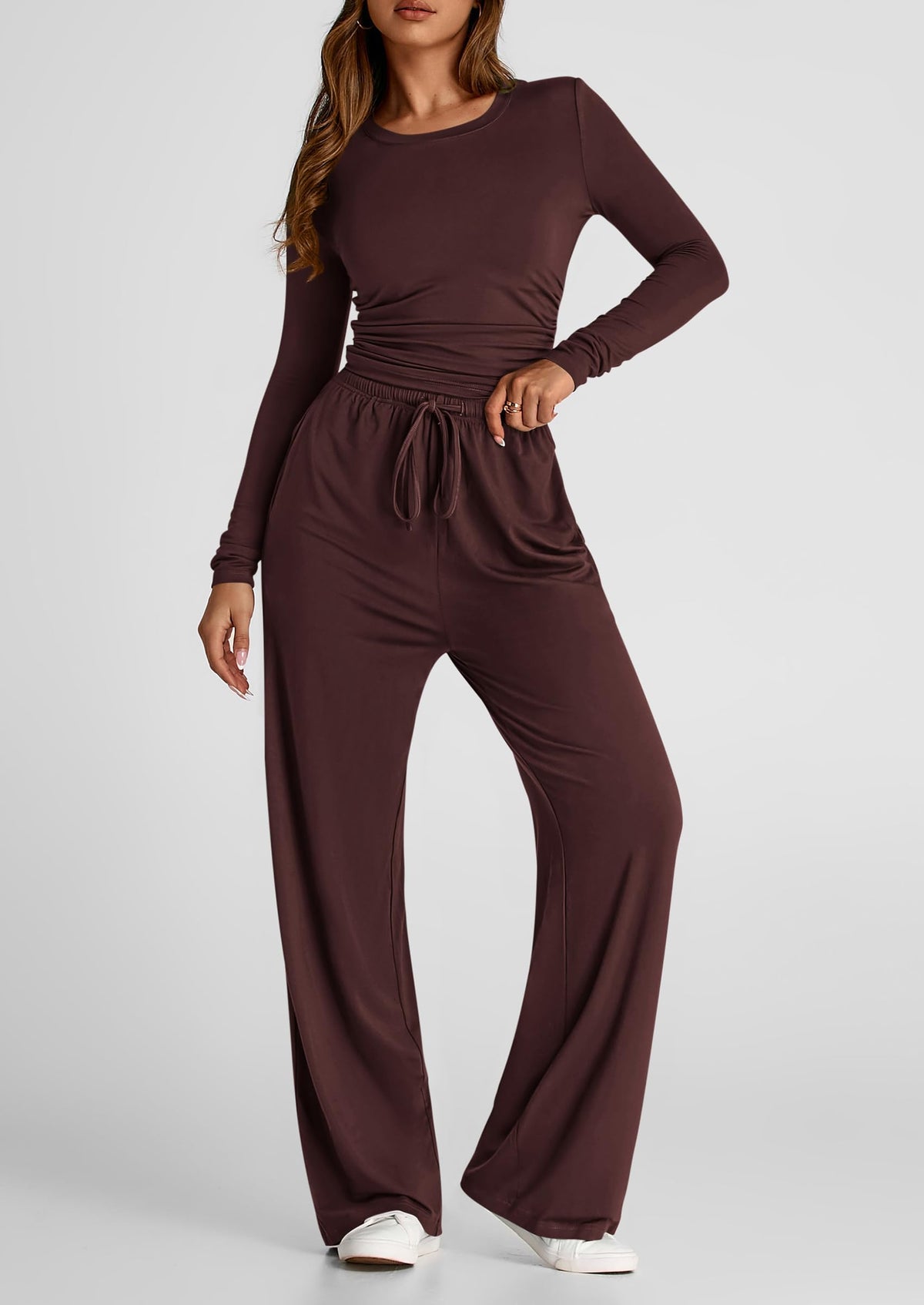 Fall Two Piece Outfits Track Suits Long Sleeve Crop Tops Tee Shirts Wide Leg Pants Matching Lounge Sets