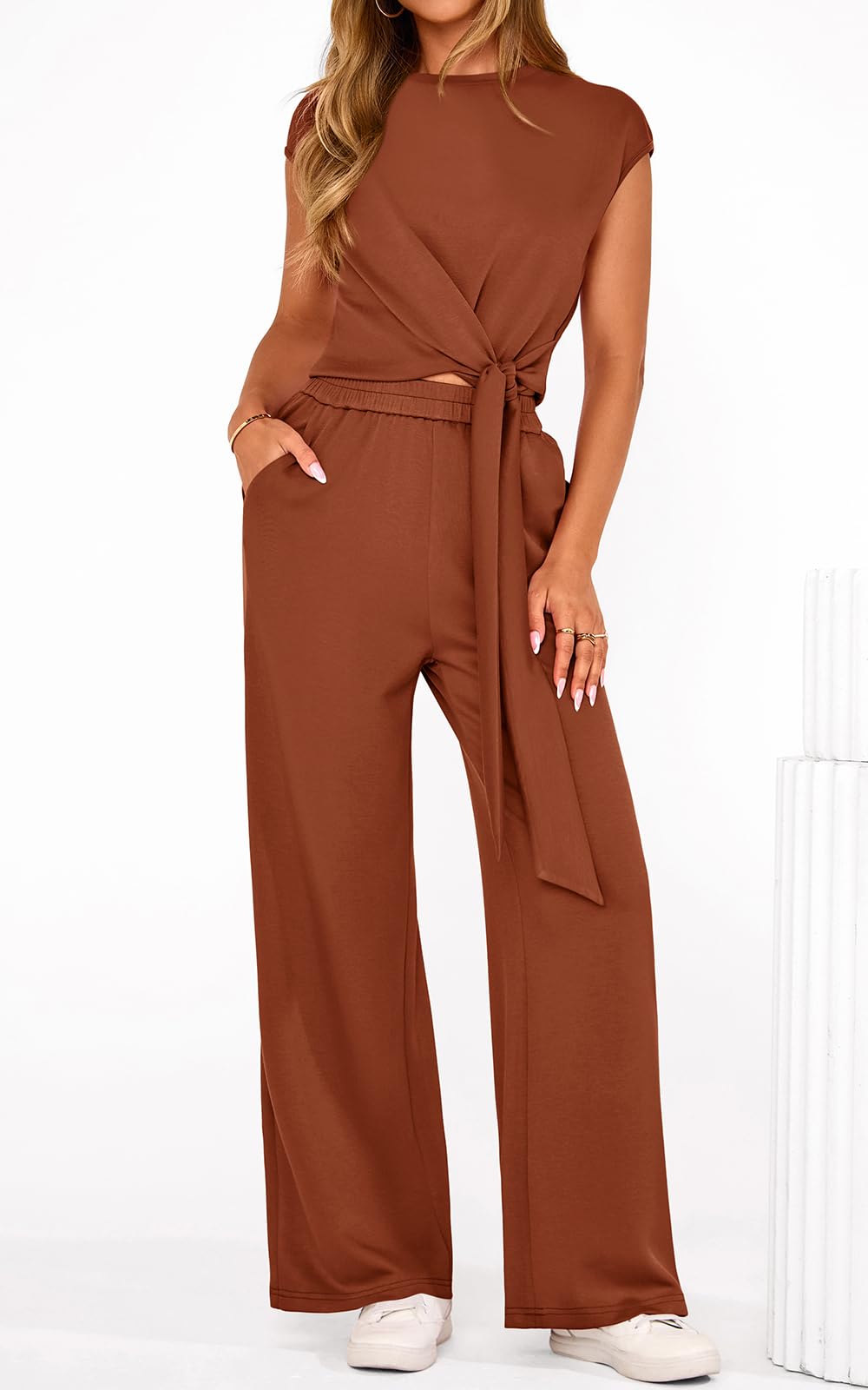 PRETTYGARDEN 2 Piece Matching Lounge Sets For Women Summer Short Sleeve Tie Front Crop Tops Casual Wide Leg Pants Tracksuit PRETTYGARDEN