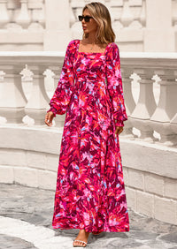PRETTYGARDEN Women Floral Maxi Dresses Spring Long Sleeve Square Neck Boho A Line Wedding Guest Casual Flowy Long Dress