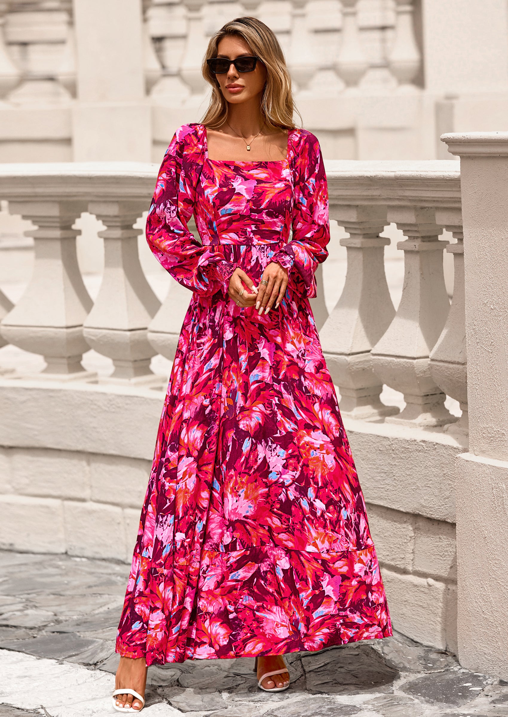 PRETTYGARDEN Women Floral Maxi Dresses Spring Long Sleeve Square Neck Boho A Line Wedding Guest Casual Flowy Long Dress
