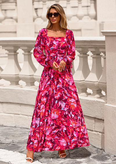 PRETTYGARDEN Women Floral Maxi Dresses Spring Long Sleeve Square Neck Boho A Line Wedding Guest Casual Flowy Long Dress