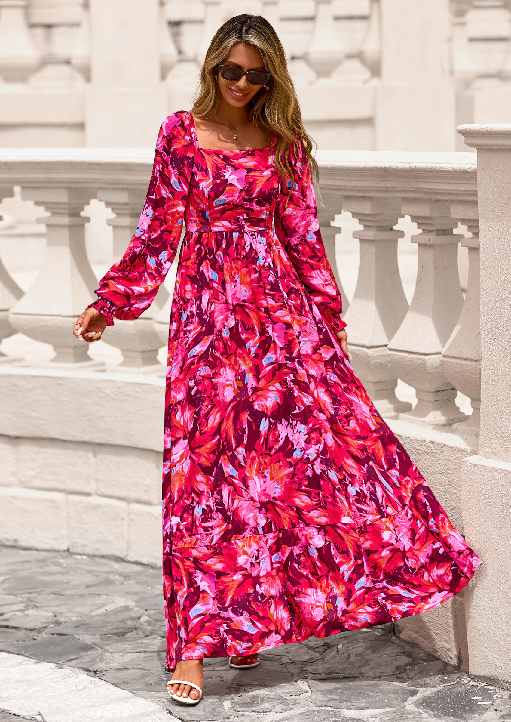 PRETTYGARDEN Women Floral Maxi Dresses Spring Long Sleeve Square Neck Boho A Line Wedding Guest Casual Flowy Long Dress