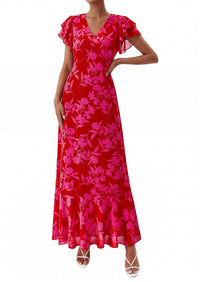 PRETTYGARDEN Wedding Guest Dresses for Women 2026 Spring Summer Short Sleeve Ruffle V Neck Floral Flowy Beach Maxi Long Dress PRETTYGARDEN