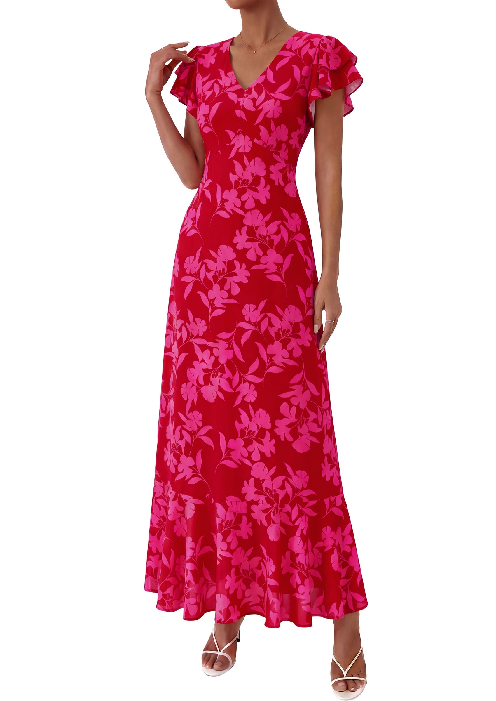 PRETTYGARDEN Wedding Guest Dresses for Women 2026 Spring Summer Short Sleeve Ruffle V Neck Floral Flowy Beach Maxi Long Dress PRETTYGARDEN