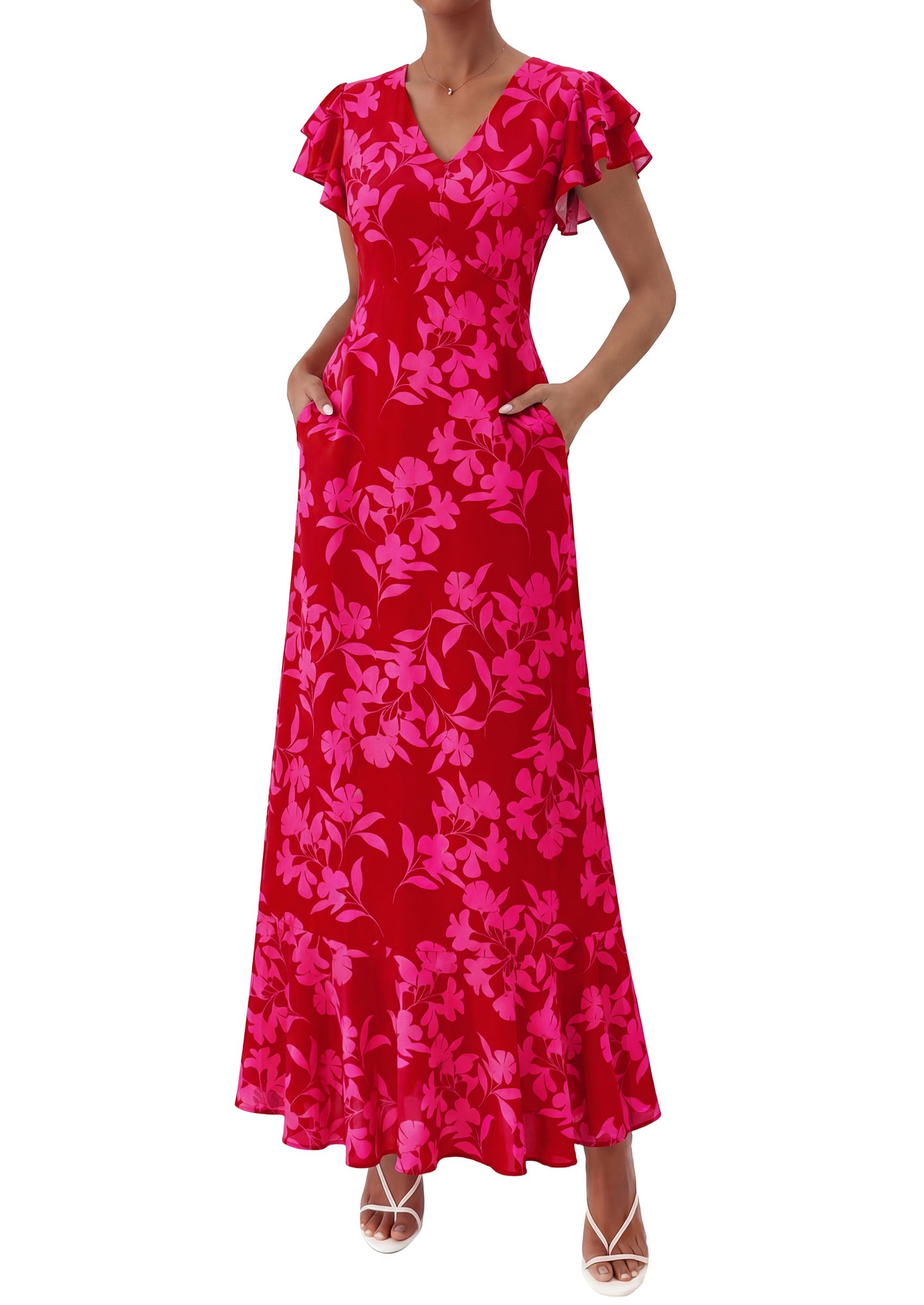 PRETTYGARDEN Wedding Guest Dresses for Women 2026 Spring Summer Short Sleeve Ruffle V Neck Floral Flowy Beach Maxi Long Dress PRETTYGARDEN