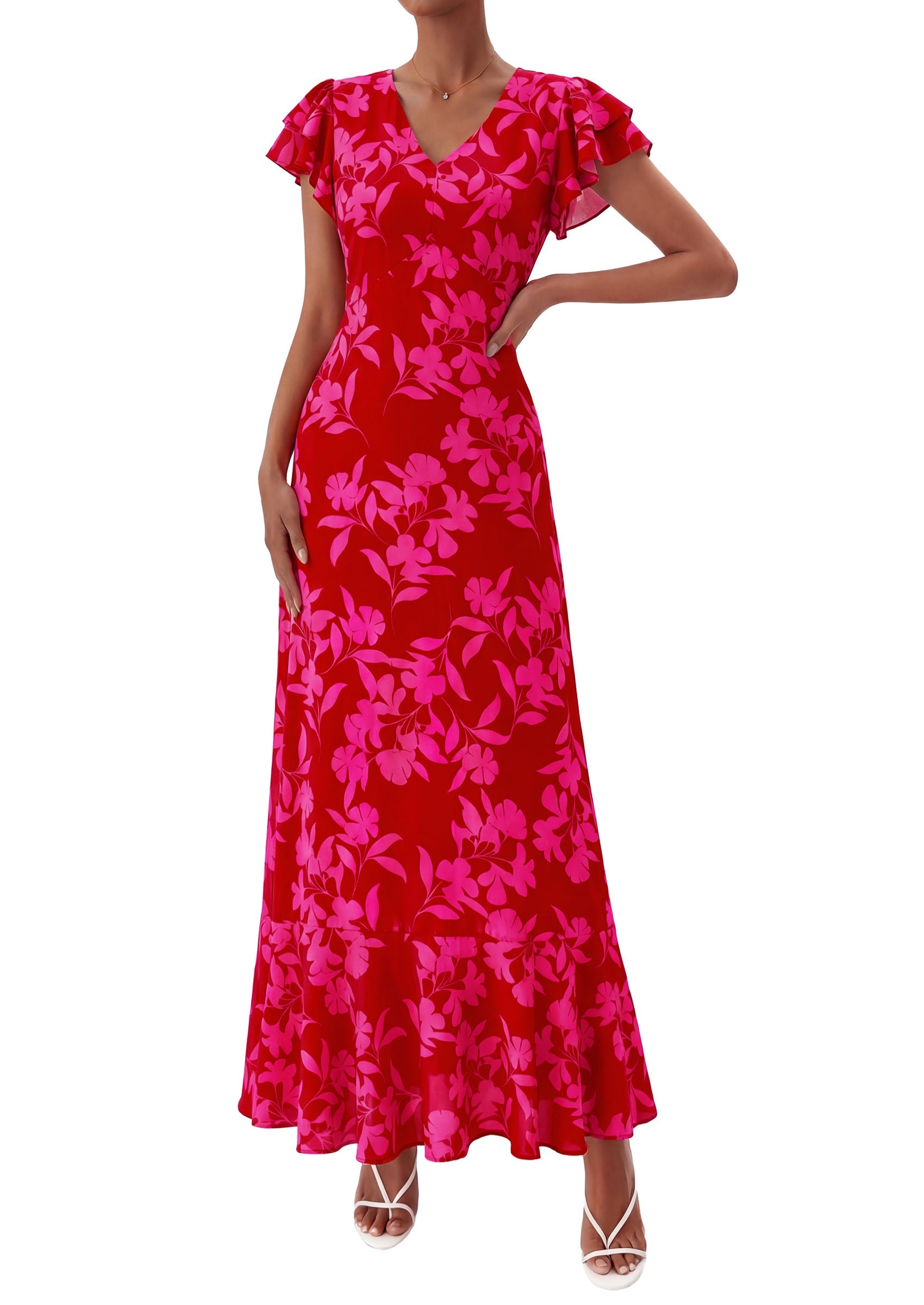 PRETTYGARDEN Wedding Guest Dresses for Women 2026 Spring Summer Short Sleeve Ruffle V Neck Floral Flowy Beach Maxi Long Dress PRETTYGARDEN