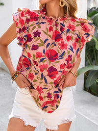 PRETTYGARDEN Women's Ruffle Short Sleeve Summer Tops Trendy Floral Trim Neck Casual Dressy Chiffon Boho Blouses Shirts PRETTYGARDEN