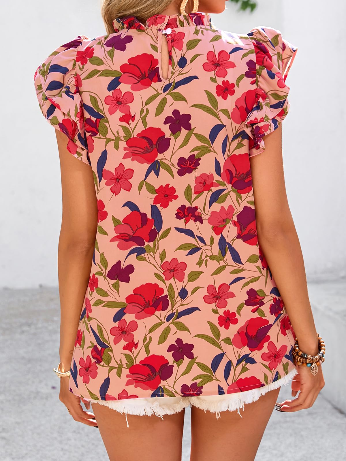 PRETTYGARDEN Women's Ruffle Short Sleeve Summer Tops Trendy Floral Trim Neck Casual Dressy Chiffon Boho Blouses Shirts PRETTYGARDEN