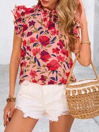 PRETTYGARDEN Women's Ruffle Short Sleeve Summer Tops Trendy Floral Trim Neck Casual Dressy Chiffon Boho Blouses Shirts PRETTYGARDEN