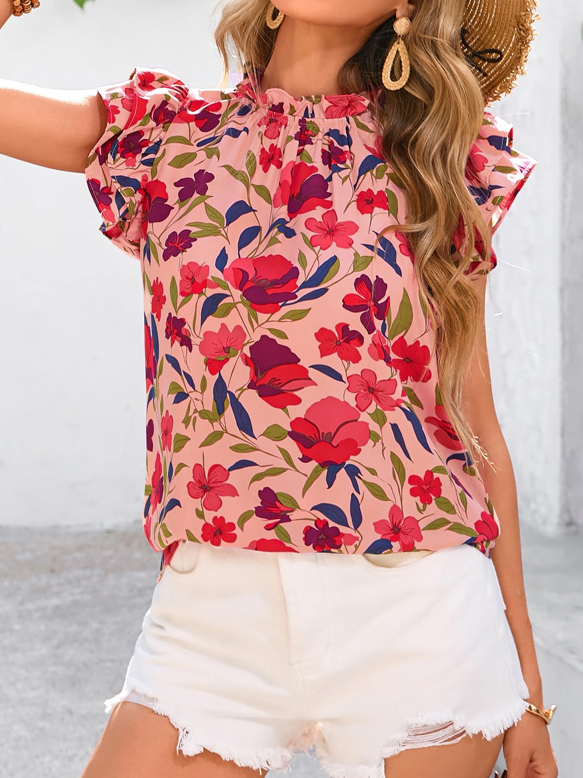 PRETTYGARDEN Women's Ruffle Short Sleeve Summer Tops Trendy Floral Trim Neck Casual Dressy Chiffon Boho Blouses Shirts PRETTYGARDEN