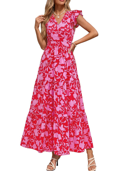 PRETTYGARDEN Womens Summer Maxi Dresses Casual V Neck Ruffle Sleeve Wrap V Neck Floral A Line Flowy Beach Boho Dress PRETTYGARDEN