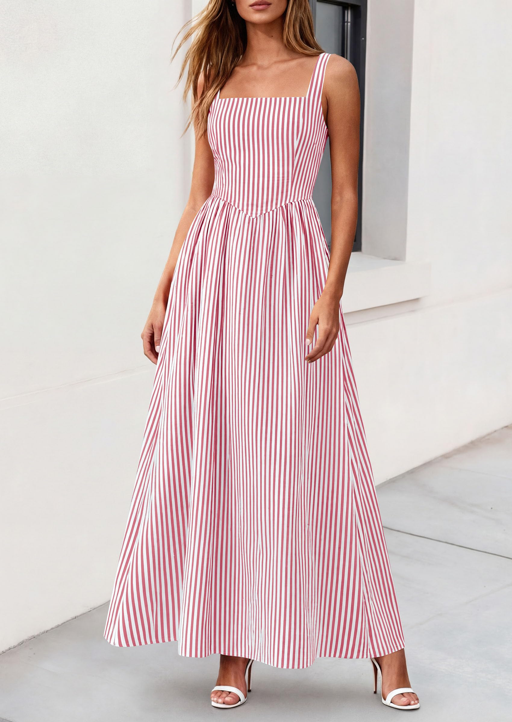 PRETTYGARDEN Women's Maxi Striped Dress Summer Sleeveless Square Neck Smocked A Line Long Flowy Spring Vacation Sundress PRETTYGARDEN