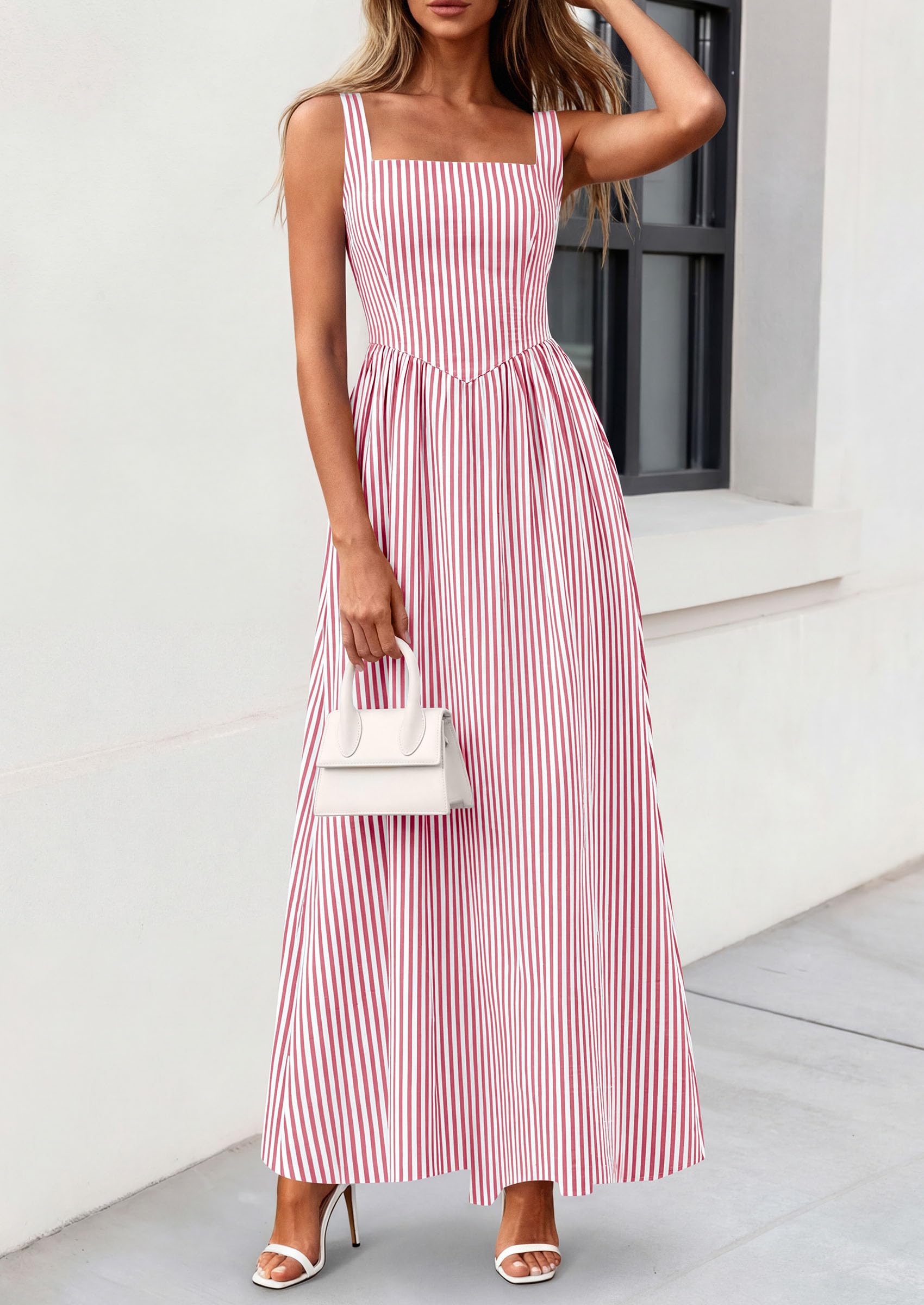 PRETTYGARDEN Women's Maxi Striped Dress Summer Sleeveless Square Neck Smocked A Line Long Flowy Spring Vacation Sundress PRETTYGARDEN