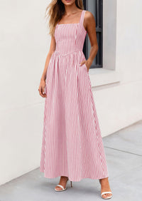 PRETTYGARDEN Women's Maxi Striped Dress Summer Sleeveless Square Neck Smocked A Line Long Flowy Spring Vacation Sundress PRETTYGARDEN