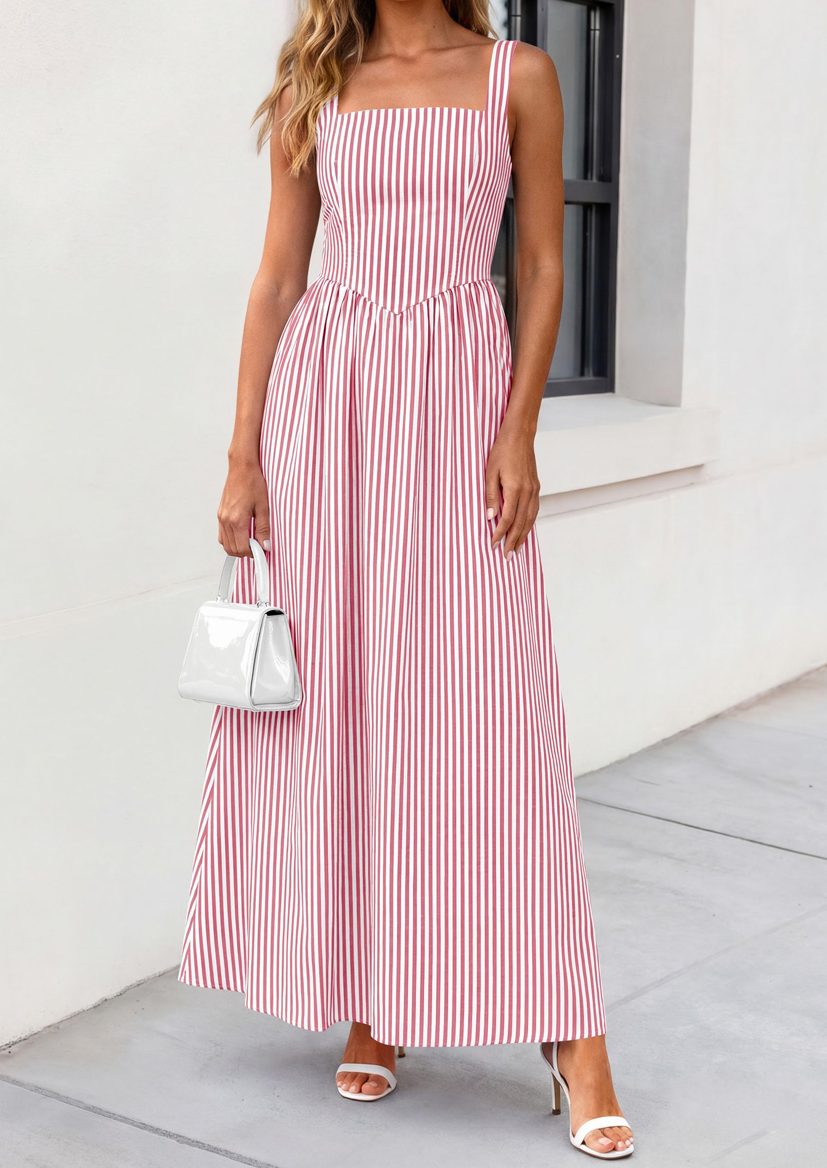 PRETTYGARDEN Women's Maxi Striped Dress Summer Sleeveless Square Neck Smocked A Line Long Flowy Spring Vacation Sundress