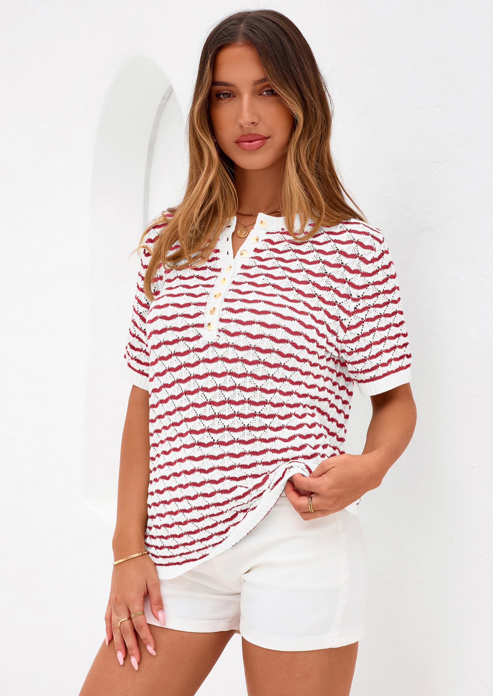 PRETTYGARDEN Cute Short Sleeve V Neck Sweaters for Women Summer Casual Striped Quarter Button Henley Shirts Knit Work Tops PRETTYGARDEN