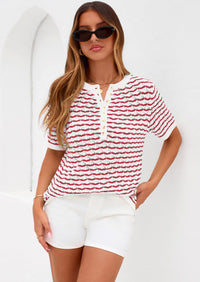 PRETTYGARDEN Cute Short Sleeve V Neck Sweaters for Women Summer Casual Striped Quarter Button Henley Shirts Knit Work Tops PRETTYGARDEN