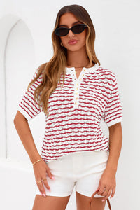 PRETTYGARDEN Cute Short Sleeve V Neck Sweaters for Women Summer Casual Striped Quarter Button Henley Shirts Knit Work Tops PRETTYGARDEN