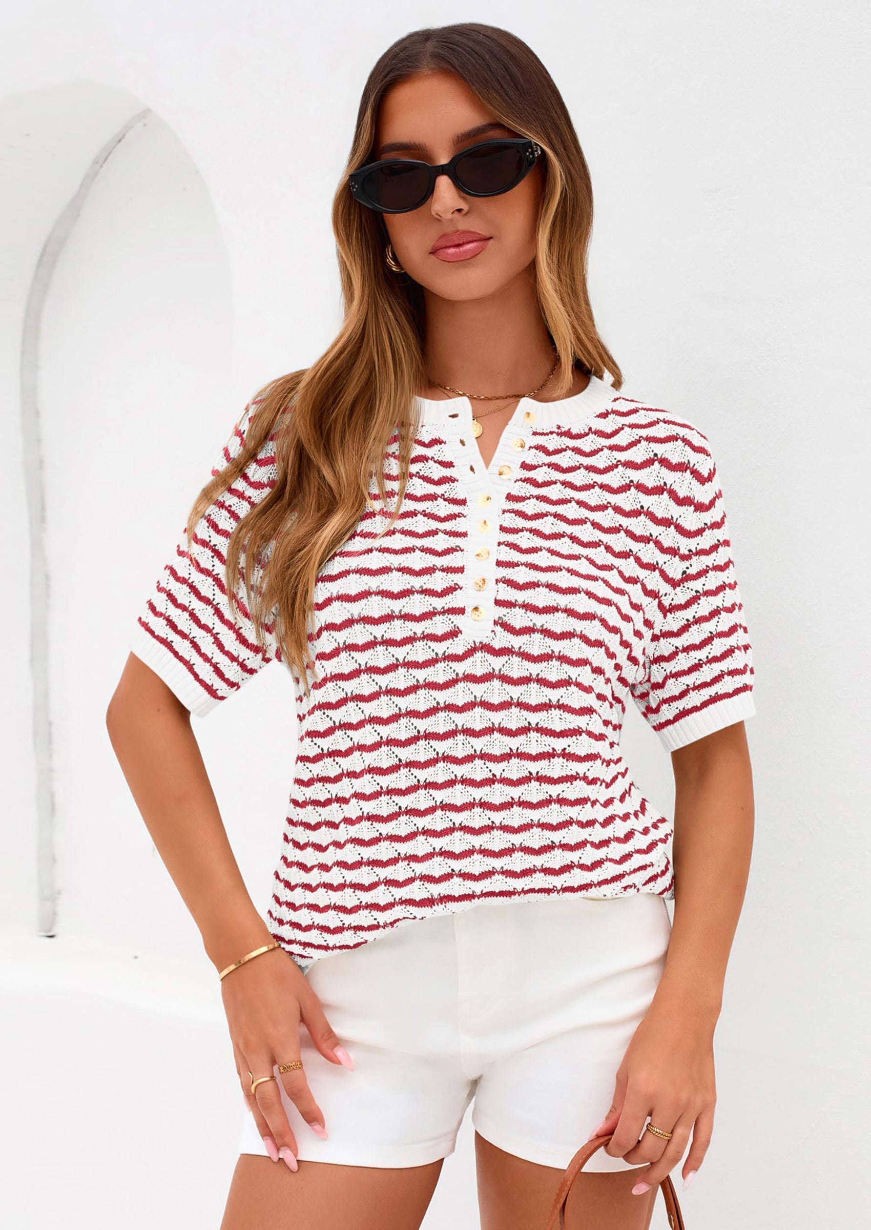 PRETTYGARDEN Cute Short Sleeve V Neck Sweaters for Women Summer Casual Striped Quarter Button Henley Shirts Knit Work Tops PRETTYGARDEN