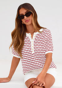 PRETTYGARDEN Cute Short Sleeve V Neck Sweaters for Women Summer Casual Striped Quarter Button Henley Shirts Knit Work Tops PRETTYGARDEN