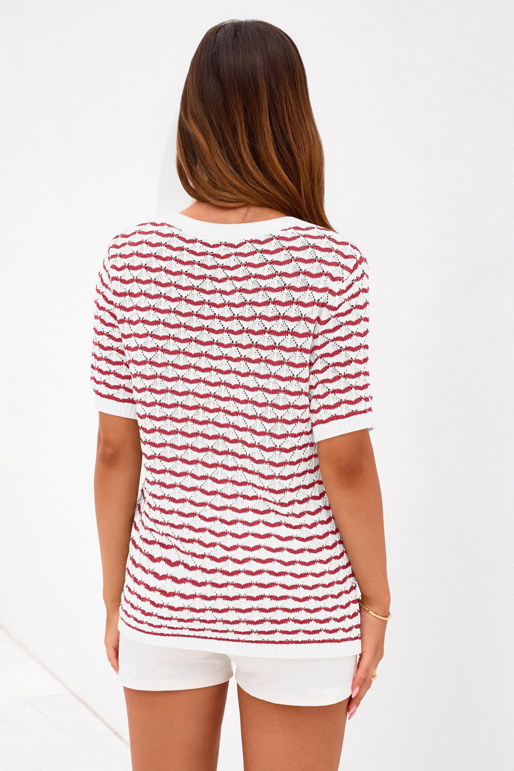 PRETTYGARDEN Cute Short Sleeve V Neck Sweaters for Women Summer Casual Striped Quarter Button Henley Shirts Knit Work Tops PRETTYGARDEN