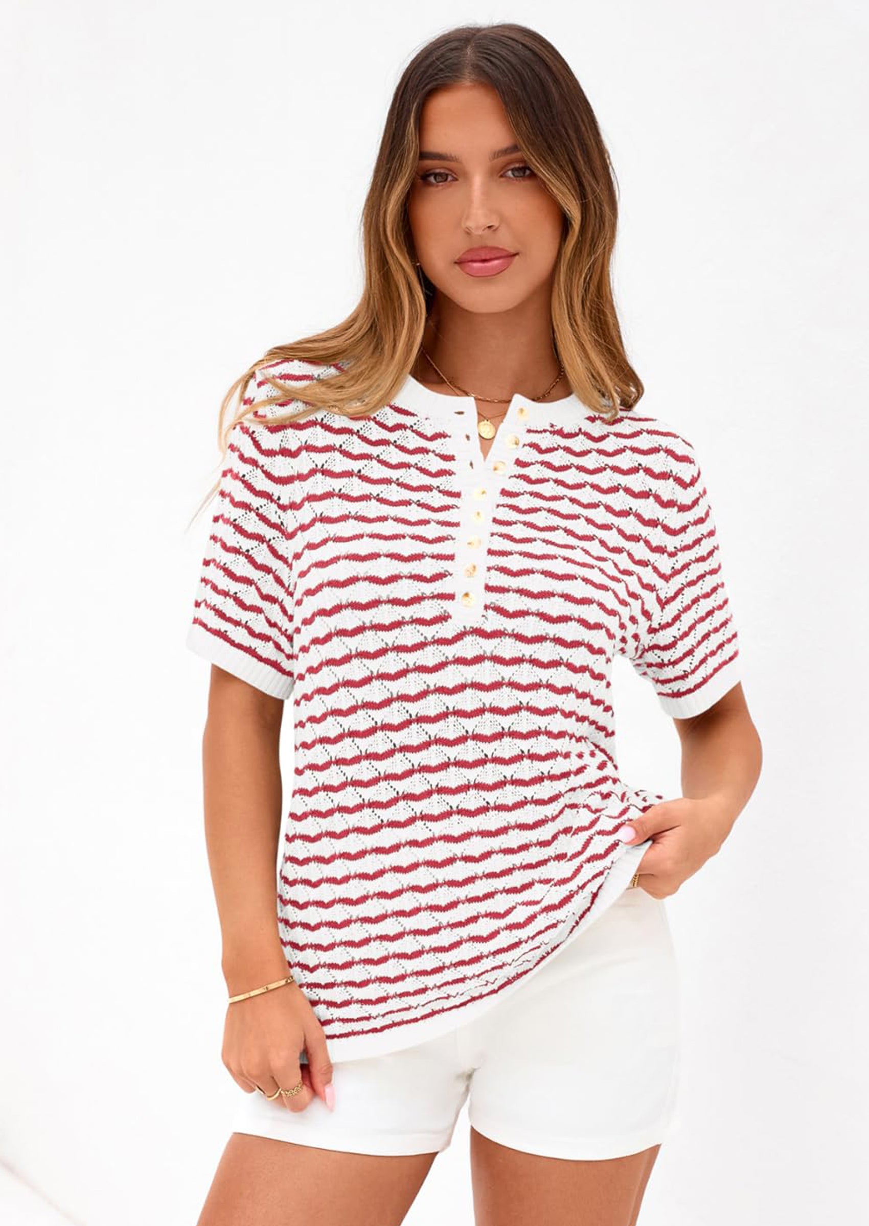 PRETTYGARDEN Cute Short Sleeve V Neck Sweaters for Women Summer Casual Striped Quarter Button Henley Shirts Knit Work Tops PRETTYGARDEN