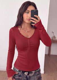 PRETTYGARDEN Womens Fall Long Sleeve Tops Lace Trim V Neck Button Henley Tshirts Slim Fitted Going Out Y2k Basic Shirts 2026