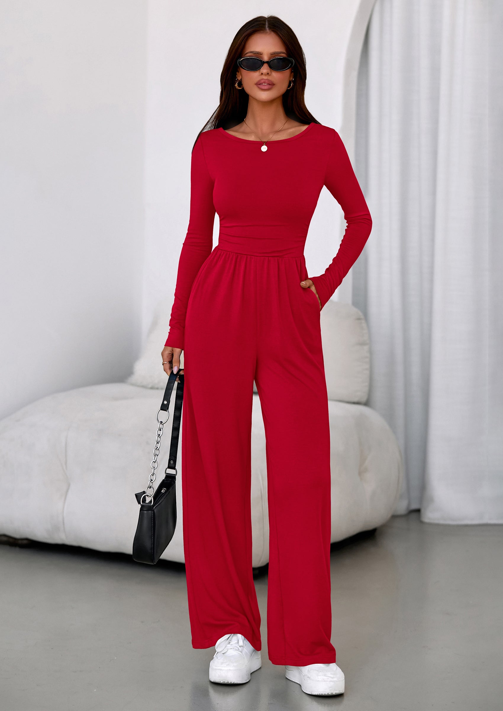 PRETTYGARDEN One Piece Jumpsuits for Women Dressy Casual Long Sleeve Crewneck Wide Leg Romper Overalls Spring Outfits