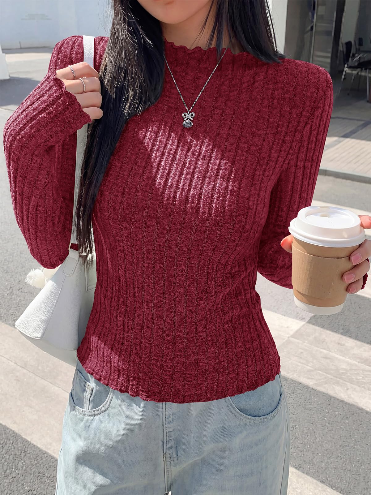PRETTYGARDEN Womens Long Sleeve Shirts Fashion Lettuce Trim Mock Neck Slim Fit Fall Tops Casual Tee Shirt Y2k Outfits