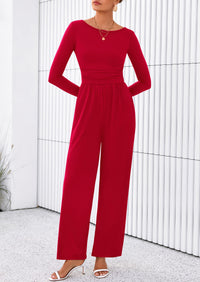 PRETTYGARDEN One Piece Jumpsuits for Women Dressy Casual Long Sleeve Crewneck Wide Leg Romper Overalls Spring Outfits