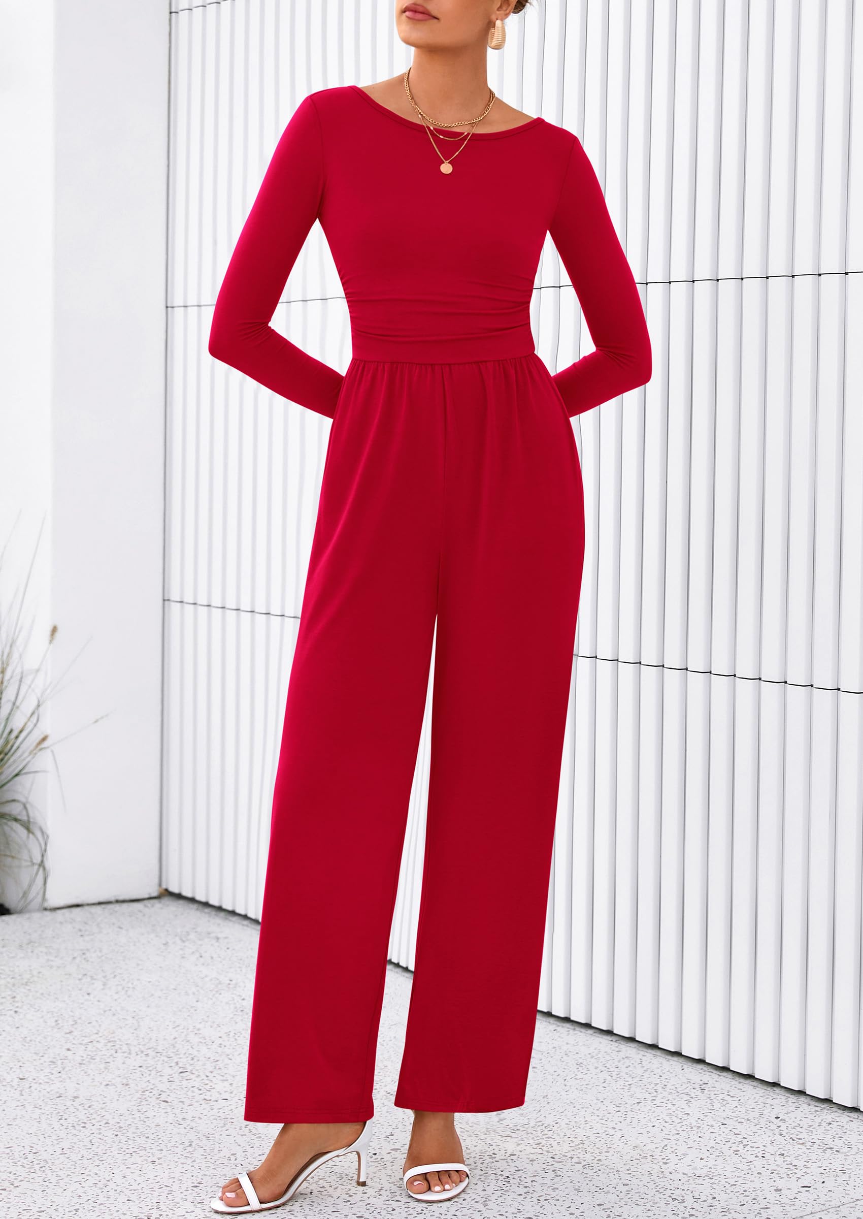 PRETTYGARDEN One Piece Jumpsuits for Women Dressy Casual Long Sleeve Crewneck Wide Leg Romper Overalls Spring Outfits