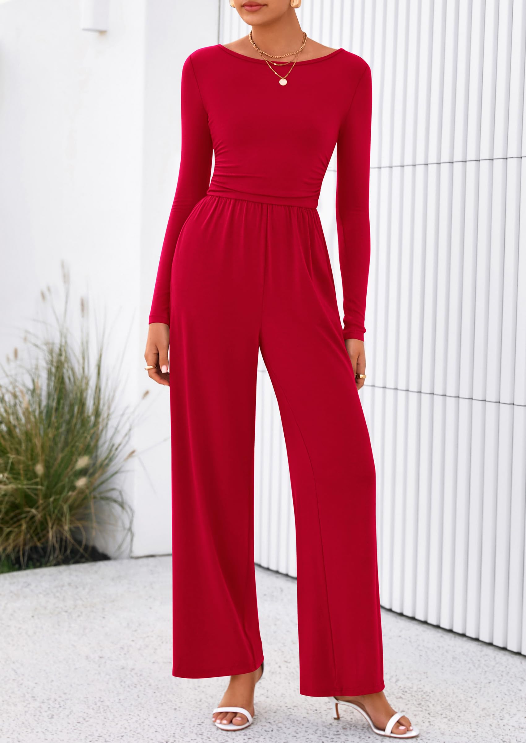 PRETTYGARDEN One Piece Jumpsuits for Women Dressy Casual Long Sleeve Crewneck Wide Leg Romper Overalls Spring Outfits