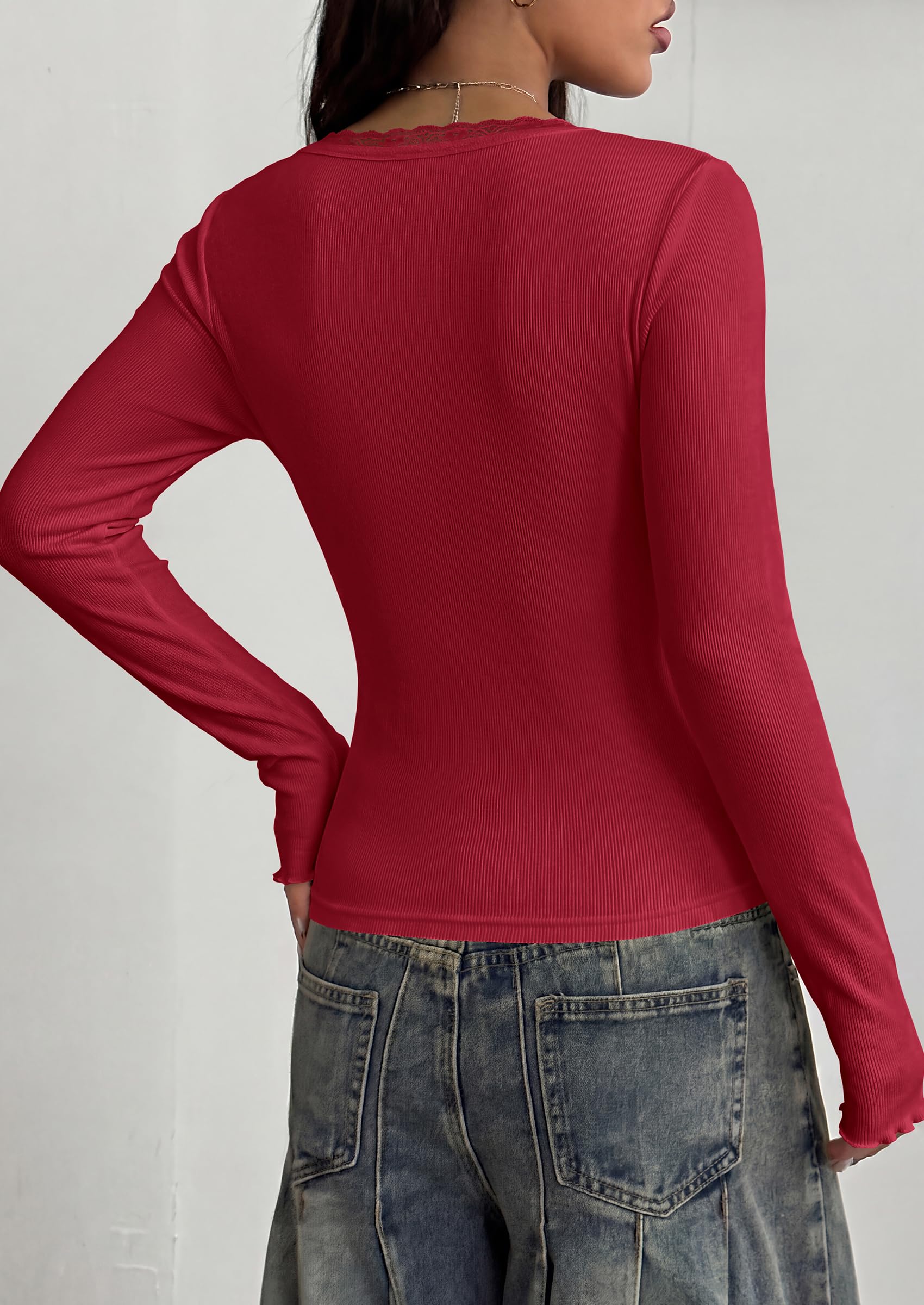 PRETTYGARDEN Womens Fall Long Sleeve Tops Lace Trim V Neck Button Henley Tshirts Slim Fitted Going Out Y2k Basic Shirts 2026
