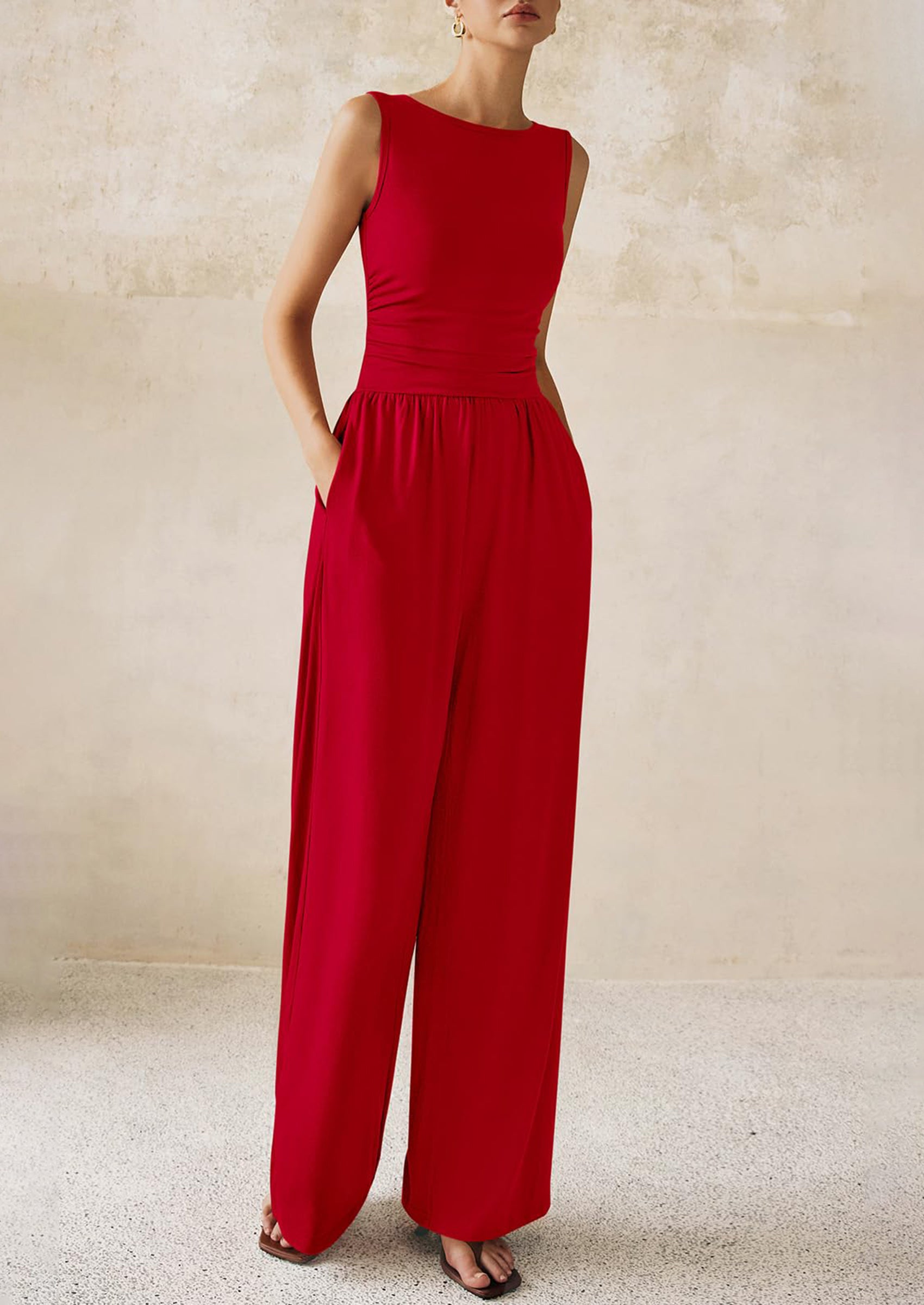 PRETTYGARDEN One Piece Jumpsuits for Women Dressy Casual Sleeveless Crewneck Wide Leg Rompers Jumpers Vacation Summer Outfits
